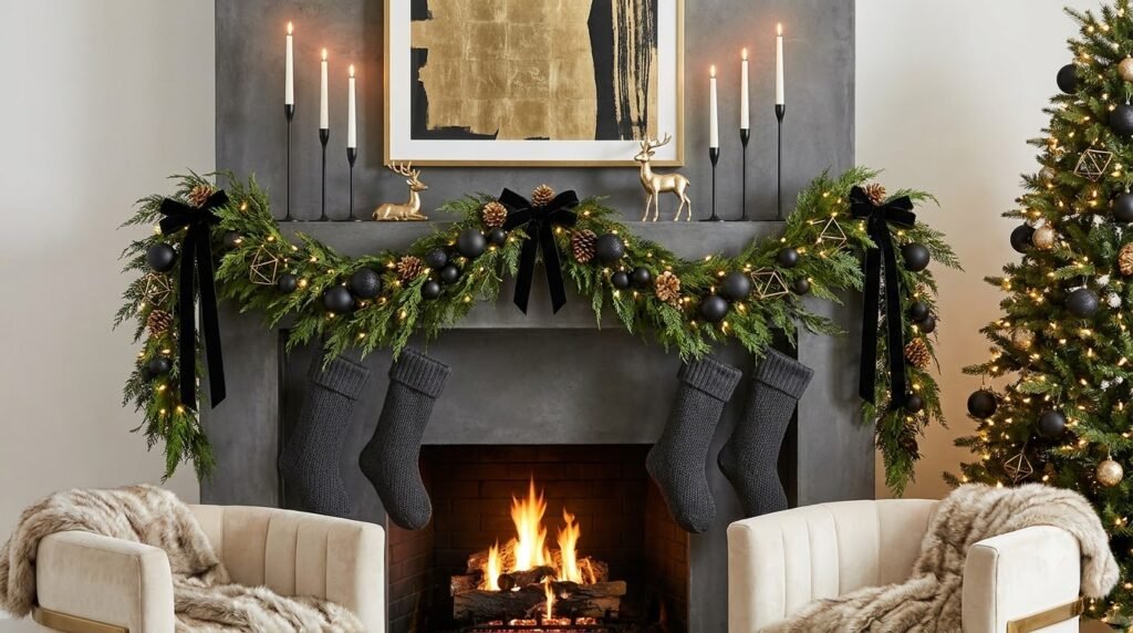 10 Beautiful Christmas Mantel Decor Ideas Modern Black and Green Elegance